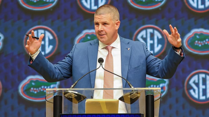 Jul 16, 2025; Atlanta, GA, USA; Florida State Gators head coach Billy Napier talks to the media during the SEC Media Days at Omni Atlanta Hotel. 