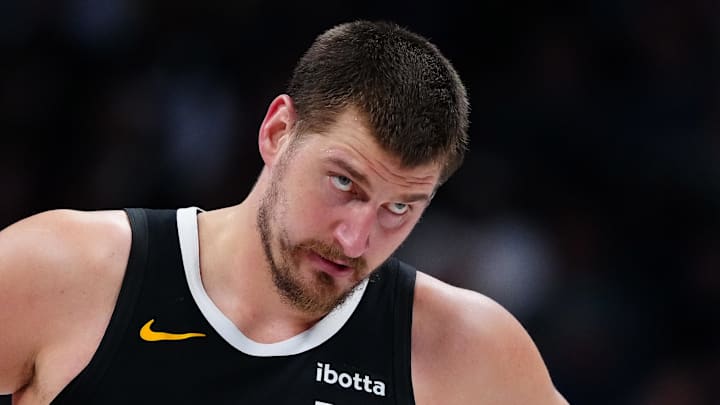 Mar 6, 2026; Denver, Colorado, USA; Denver Nuggets center Nikola Jokic (15) during the second quarter against the New York Knicks at Ball Arena. Mandatory Credit: Ron Chenoy-Imagn Images