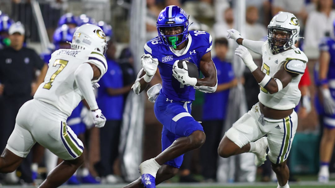 Aug 31, 2024; Atlanta, Georgia, USA; Georgia State Panthers wide receiver Ted Hurst (16) runs after a catch against Georgia Tech Yellow Jackets in the second quarter at Bobby Dodd Stadium at Hyundai Field.