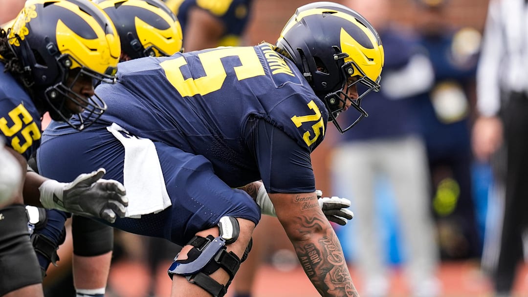 Team Blue offensive lineman Kaden Strayhorn (75) gets ready for a snap against Team Maize during the second half of the spring game at Michigan Stadium in Ann Arbor on Saturday, April 19, 2025. Team Blue offensive lineman Kaden Strayhorn (75) gets ready for a snap against Team Maize during the second half of the spring game at Michigan Stadium in Ann Arbor on Saturday, April 19, 2025.