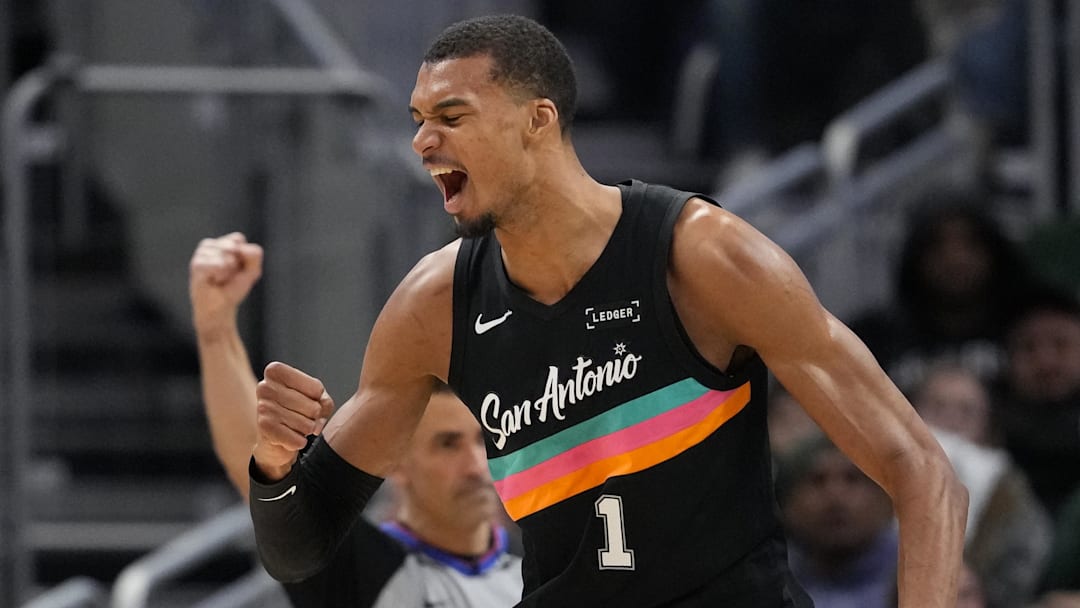 Mar 28, 2026; Milwaukee, Wisconsin, USA;  San Antonio Spurs forward Victor Wembanyama (1) celebrates after scoring a basket during the fourth quarter against the Milwaukee Bucks at Fiserv Forum. Mandatory Credit: Jeff Hanisch-Imagn Images