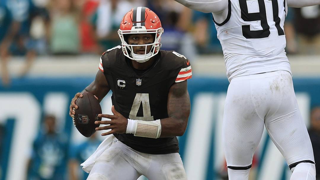 Cleveland Browns quarterback Deshaun Watson (4) runs past Jacksonville Jaguars defensive end Arik Armstead (91) during the fourth quarter of an NFL football matchup Sunday, Sept. 15, 2024 at EverBank Stadium in Jacksonville, Fla. The Browns defeated the Jaguars 18-13. Cleveland Browns quarterback Deshaun Watson (4) runs past Jacksonville Jaguars defensive end Arik Armstead (91) during the fourth quarter of an NFL football matchup Sunday, Sept. 15, 2024 at EverBank Stadium in Jacksonville, Fla. The Browns defeated the Jaguars 18-13.