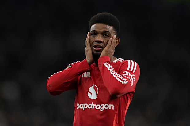 Amad Diallo looking disappointed while in action for Manchester United.