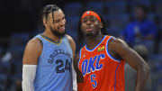Dec 2, 2021; Memphis, Tennessee, USA; Memphis Grizzlies forward Dillon Brooks (24) and Oklahoma City Thunder forward Luguentz Dort (5) during the second half at FedExForum. Mandatory Credit: Justin Ford-USA TODAY Sports