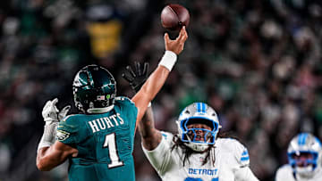 Detroit Lions defensive tackle Tyleik Williams (91) tries blocks a pass from Philadelphia Eagles quarterback Jalen Hurts (1) during the second half at Lincoln Financial Field in Philadelphia on Sunday, November 16, 2025.