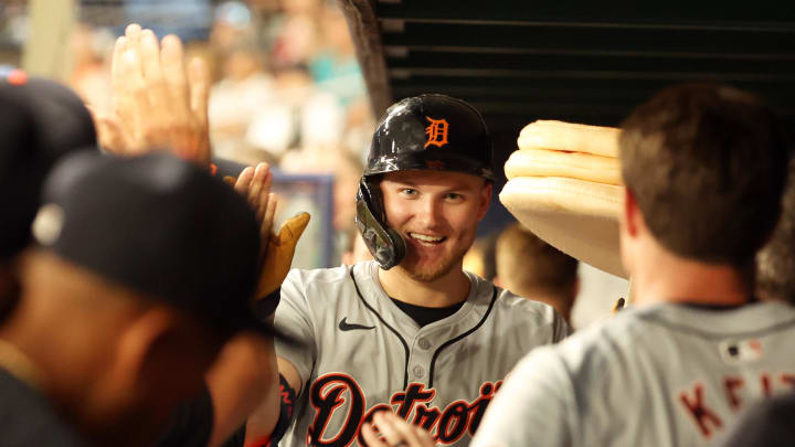 Apr 22, 2024; St. Petersburg, Florida, USA; Detroit Tigers outfielder Parker Meadows (22) is congratulated in the dugout after hitting a home run against the Tampa Bay Rays against the Tampa Bay Rays at Tropicana Field. Mandatory Credit: Kim Klement Neitzel-USA TODAY Sports