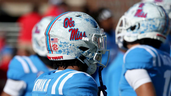 Nov 4, 2023; Oxford, Mississippi, USA; Mississippi Rebels defensive back Daniel Newman (49) wearing the camouflage helmet during warm ups prior to the game against the Texas A&M Aggies at Vaught-Hemingway Stadium. Mandatory Credit: Petre Thomas-USA TODAY Sports