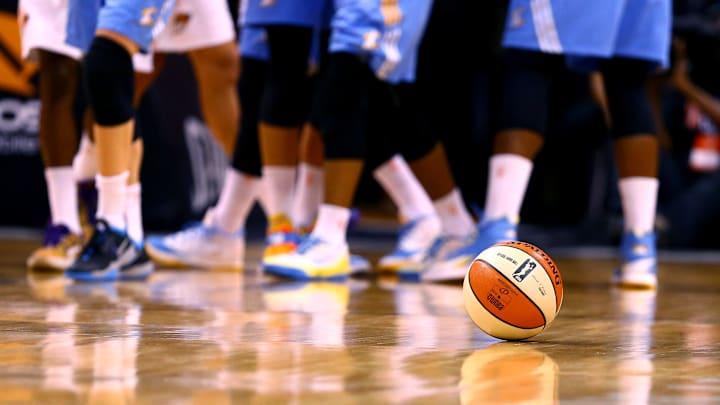 Sep 7, 2014; Phoenix, AZ, USA; An official SPalding WNBA basketball on the court during the game between the Phoenix Mercury against the Chicago Sky during game one of the WNBA Finals at US Airways Center. The Mercury defeated the Sky 83-62. Mandatory Credit: Mark J. Rebilas-Imagn Images
