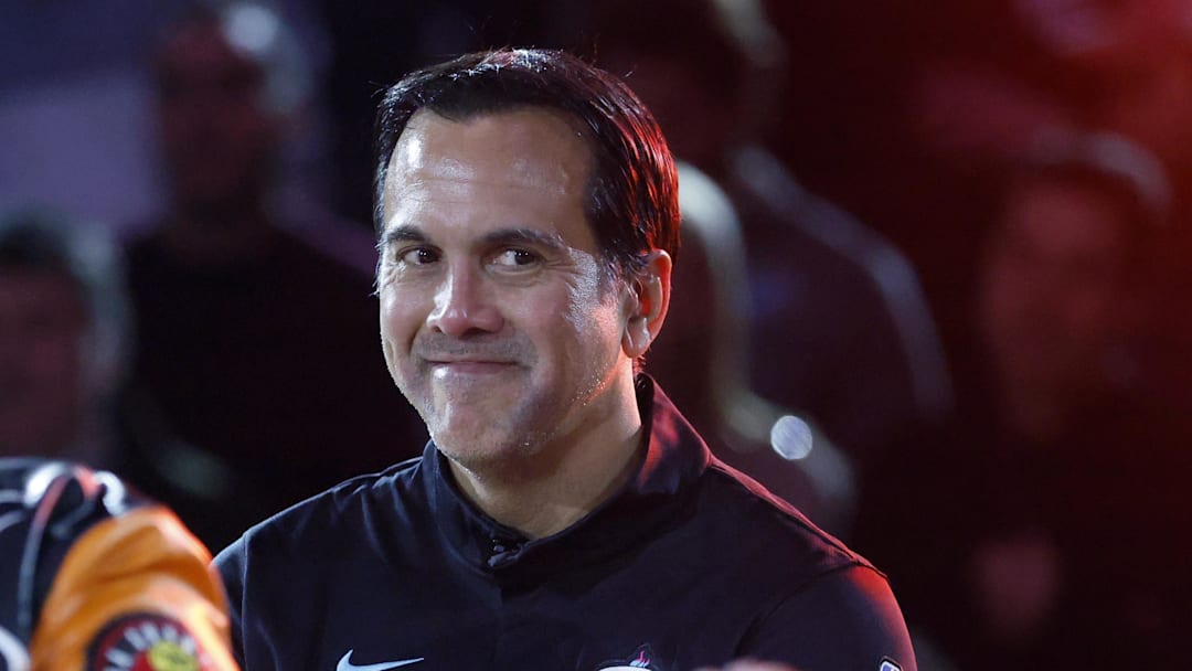 Feb 3, 2026; Miami, Florida, USA;  Miami Heat head coach Erik Spoelstra reacts (Mandatory Credit: Rhona Wise-Imagn Images)