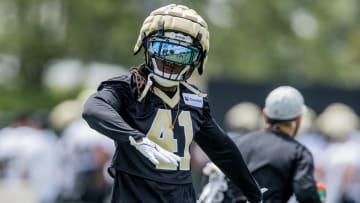 Jun 13, 2023; New Orleans, LA, USA;  New Orleans Saints running back Alvin Kamara (41) dances to the practice music during minicamp at the Ochsner Sports Performance Center. Mandatory Credit: Stephen Lew-USA TODAY Sports