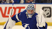 Apr 27, 2024; Tampa, Florida, USA; Tampa Bay Lightning goaltender Andrei Vasilevskiy (88) warms up against the Florida Panthers in game four of the first round of the 2024 Stanley Cup Playoffs at Amalie Arena. Mandatory Credit: Kim Klement Neitzel-Imagn Images
