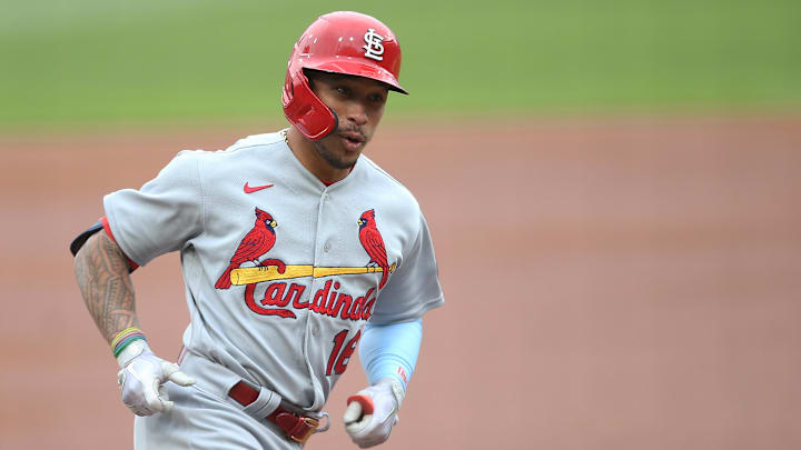 Sep 18, 2020; Pittsburgh, Pennsylvania, USA;  St. Louis Cardinals second baseman Kolten Wong (16) circles the bases on a solo home run against the Pittsburgh Pirates during the first inning at PNC Park. Mandatory Credit: Charles LeClaire-Imagn Images