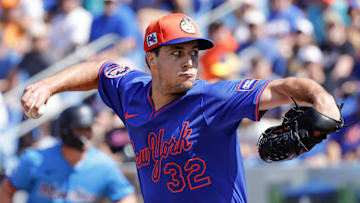 Feb 23, 2025; Port St. Lucie, Florida, USA;  New York Mets pitcher Max Kranick (32) throws a pitch during the second inning against the Miami Marlins at Clover Park. Mandatory Credit: Reinhold Matay-Imagn Images
