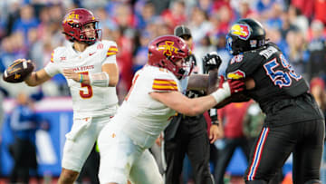 Nov 9, 2024; Kansas City, Missouri, USA; Iowa State Cyclones quarterback Rocco Becht (3) passes during the third quarter against the Kansas Jayhawks at GEHA Field at Arrowhead Stadium. 