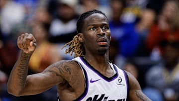 Sacramento Kings guard Keon Ellis (23) reacts after a basket in the third quarter against the Denver Nuggets at Ball Arena.