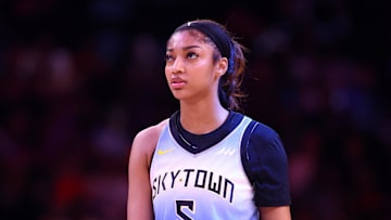 Aug 28, 2025; Phoenix, Arizona, USA; Chicago Sky forward Angel Reese (5) against the Phoenix Mercury at Phx Arena. Mandatory Credit: Mark J. Rebilas-Imagn Images