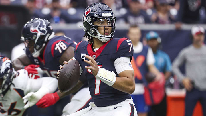 Dec 3, 2023; Houston, Texas, USA; Houston Texans quarterback C.J. Stroud (7) looks for an open receiver during the first quarter against the Denver Broncos at NRG Stadium. Mandatory Credit: Troy Taormina-Imagn Images Dec 3, 2023; Houston, Texas, USA; Houston Texans quarterback C.J. Stroud (7) looks for an open receiver during the first quarter against the Denver Broncos at NRG Stadium. Mandatory Credit: Troy Taormina-Imagn Images