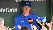 May 27, 2025; Chicago, Illinois, USA; Chicago Cubs manager Craig Counsell is interviewed by reporters prior to a game against the Colorado Rockies at Wrigley Field. Mandatory Credit: Patrick Gorski-Imagn Images