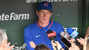 May 27, 2025; Chicago, Illinois, USA; Chicago Cubs manager Craig Counsell is interviewed by reporters prior to a game against the Colorado Rockies at Wrigley Field. Mandatory Credit: Patrick Gorski-Imagn Images