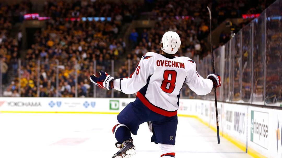 Oct 11, 2014; Boston, MA, USA; Washington Capitals left wing Alex Ovechkin (8) celebrates a goal against the Boston Bruins during the first period at TD Garden. Mandatory Credit: Winslow Townson-USA TODAY Sports Oct 11, 2014; Boston, MA, USA; Washington Capitals left wing Alex Ovechkin (8) celebrates a goal against the Boston Bruins during the first period at TD Garden. Mandatory Credit: Winslow Townson-USA TODAY Sports