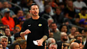 Oct 28, 2024; Phoenix, Arizona, USA; Los Angeles Lakers head coach JJ Redick talks to his team during the half of the game against the Phoenix Suns at Footprint Center. Mandatory Credit: Mark J. Rebilas-Imagn Images