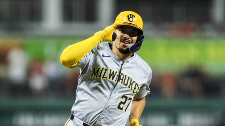 Milwaukee Brewers shortstop Willy Adames (27) reacts after hitting a three-run home run in the ninth inning against the Cincinnati Reds at Great American Ball Park on Aug 30.