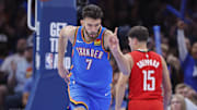 Oct 21, 2025; Oklahoma City, Oklahoma, USA; Oklahoma City Thunder center Chet Holmgren (7) gestures after scoring against the Houston Rockets during the second half at Paycom Center. Mandatory Credit: Alonzo Adams-Imagn Images