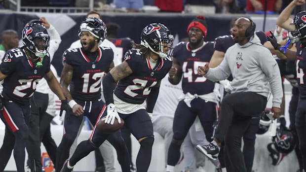 Houston Texans cornerback Derek Stingley Jr. (24) reacts after an interception during the game against the Miami Dolphins