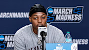Mar 19, 2025; Denver, CO, USA; Texas A&M Aggies player Wade Taylor IV during a press conference at Ball Arena. Mandatory Credit: Isaiah J. Downing-Imagn Images