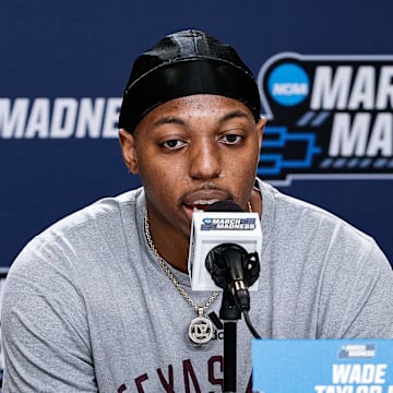 Mar 19, 2025; Denver, CO, USA; Texas A&M Aggies player Wade Taylor IV during a press conference at Ball Arena. Mandatory Credit: Isaiah J. Downing-Imagn Images