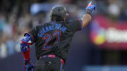 Jul 19, 2024; Toronto, Ontario, CAN; Toronto Blue Jays first baseman Vladimir Guerrero Jr. (27) celebrates as he runs out two run home run against the Detroit Tigers during the sixth inning at Rogers Centre.