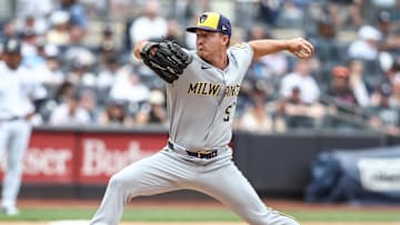 Mar 29, 2025; Bronx, New York, USA; Milwaukee Brewers pitcher Connor Thomas (57) pitches in the third inning against the New York Yankees at Yankee Stadium. Mandatory Credit: Wendell Cruz-Imagn Images