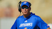 Kansas Jayhawks head coach Lance Leipold against the Missouri Tigers at Faurot Field at Memorial Stadium. 
