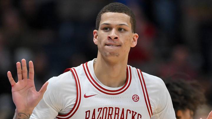 Mar 15, 2026; Nashville, TN, USA; Arkansas Razorbacks forward Trevon Brazile (7) reacts after a made three point basket against the Vanderbilt Commodores during the second half during the men's SEC Conference Tournament Championship at Bridgestone Arena. Mandatory Credit: Steve Roberts-Imagn Images