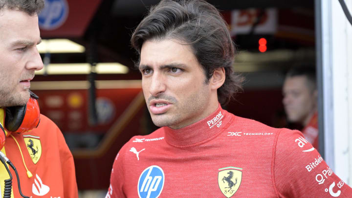 Jun 7, 2024; Montreal, Quebec, CAN; Ferrari driver driver Carlos Sainz (ESP) in the pit lane during the practice session at Circuit Gilles Villeneuve. Mandatory Credit: Eric Bolte-USA TODAY Sports