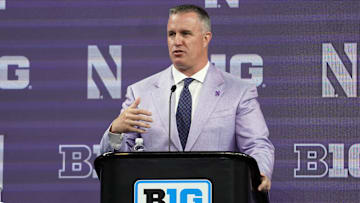 Jul 26, 2022; Indianapolis, IN, USA;  Northwestern Wildcats head coach Pat Fitzgerald talks to the media during Big 10 football media days at Lucas Oil Stadium. Mandatory Credit: Robert Goddin-Imagn Images