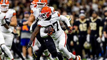 Nov 17, 2024; New Orleans, Louisiana, USA;  Cleveland Browns wide receiver Kadarius Toney (87) rushes against the New Orleans Saints during the first half at Caesars Superdome. Mandatory Credit: Stephen Lew-Imagn Images