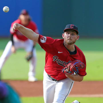 Cleveland Guardians starting pitcher Tanner Bibee (28) throws against the Seattle Mariners during the first inning of an MLB game at Progressive Field, Wednesday, June 19, 2024, in Cleveland, Ohio.