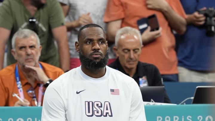 United States guard Lebron James (6) warms up before a game against Serbia during the Paris 2024 Olympic Summer Games at Stade Pierre-Mauroy. 