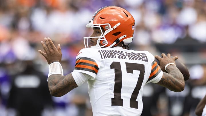 Aug 17, 2024; Cleveland, Ohio, USA; Cleveland Browns quarterback Dorian Thompson-Robinson (17) throws the ball during the first quarter against the Minnesota Vikings at Cleveland Browns Stadium. Mandatory Credit: Scott Galvin-USA TODAY Sports