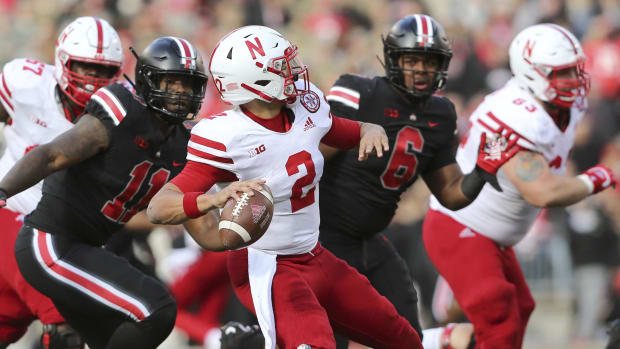 Nebraska Cornhuskers quarterback Adrian Martinez (2) throws during the fourth quarter against the Ohio State Buckeyes 