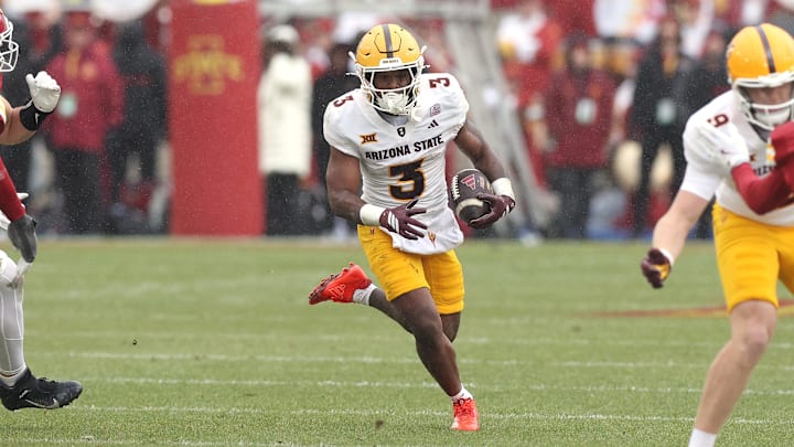 Nov 1, 2025; Ames, Iowa, USA; Arizona State Sun Devils running back Raleek Brown (3) runs the football against the Iowa State Cyclones during the first half at Jack Trice Stadium. Mandatory Credit: Reese Strickland-Imagn Images