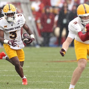Nov 1, 2025; Ames, Iowa, USA; Arizona State Sun Devils running back Raleek Brown (3) runs the football against the Iowa State Cyclones during the first half at Jack Trice Stadium. Mandatory Credit: Reese Strickland-Imagn Images