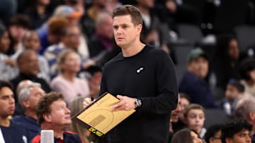 Nov 17, 2024; Inglewood, California, USA;  Utah Jazz head coach Will Hardy holds a board during the fourth quarter against the Los Angeles Clippers at Intuit Dome. Mandatory Credit: Kiyoshi Mio-Imagn Images
