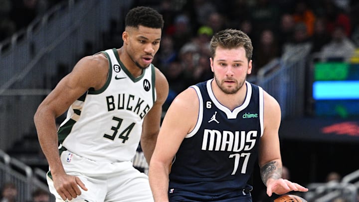 Giannis guards Luka Doncic in a November game between Milwaukee and Dallas. Giannis guards Luka Doncic in a November game between Milwaukee and Dallas.