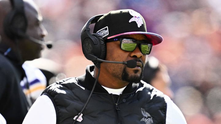 Oct 15, 2023; Chicago, Illinois, USA;  Minnesota Vikings defensive coordinator Brian Flores watches his team play against the Chicago Bears  at Soldier Field. 