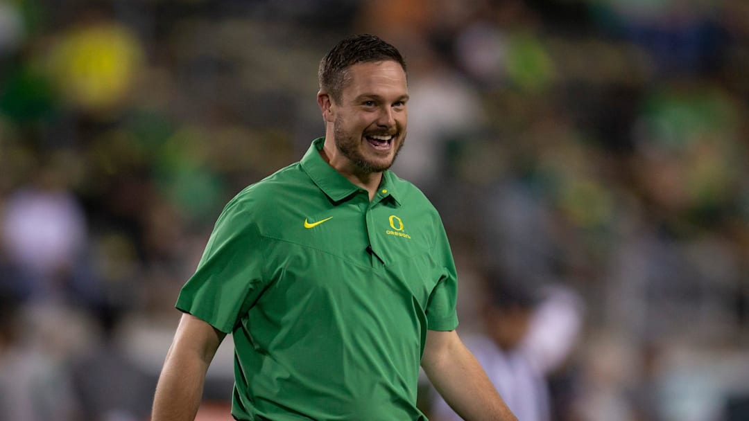 Oregon head coach Dan Lanning walks on the field before the No. 13 Oregon Ducks take on the Stanford Cardinal Saturday, Oct. 1, 2022, at Autzen Stadium in Eugene, Ore.
