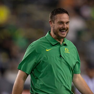 Oregon head coach Dan Lanning walks on the field before the No. 13 Oregon Ducks take on the Stanford Cardinal Saturday, Oct. 1, 2022, at Autzen Stadium in Eugene, Ore.
