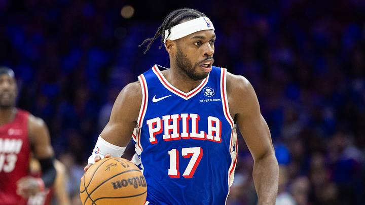 Philadelphia 76ers guard Buddy Hield (17) dribbles the ball against the Miami Heat during the third quarter of a play-in game of the 2024 NBA playoffs at Wells Fargo Center. 
