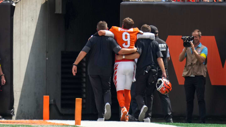 Cincinnati Bengals quarterback Joe Burrow left the game with a leg injury on Sunday. Cincinnati Bengals quarterback Joe Burrow left the game with a leg injury on Sunday.